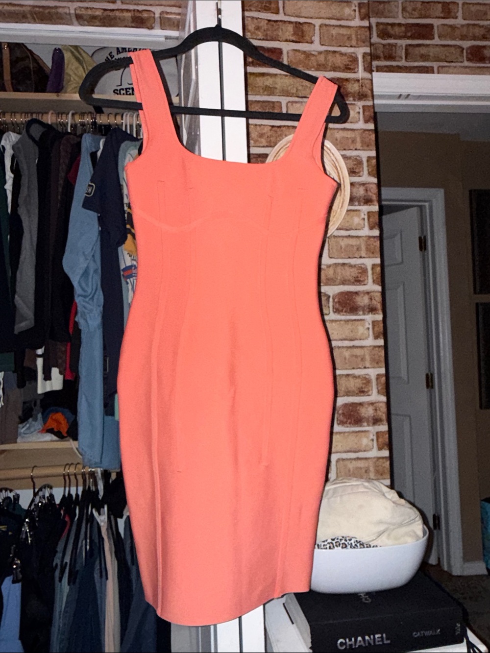 Hot Miami Styles Coral Midi Sheath bodycon bandage Dress